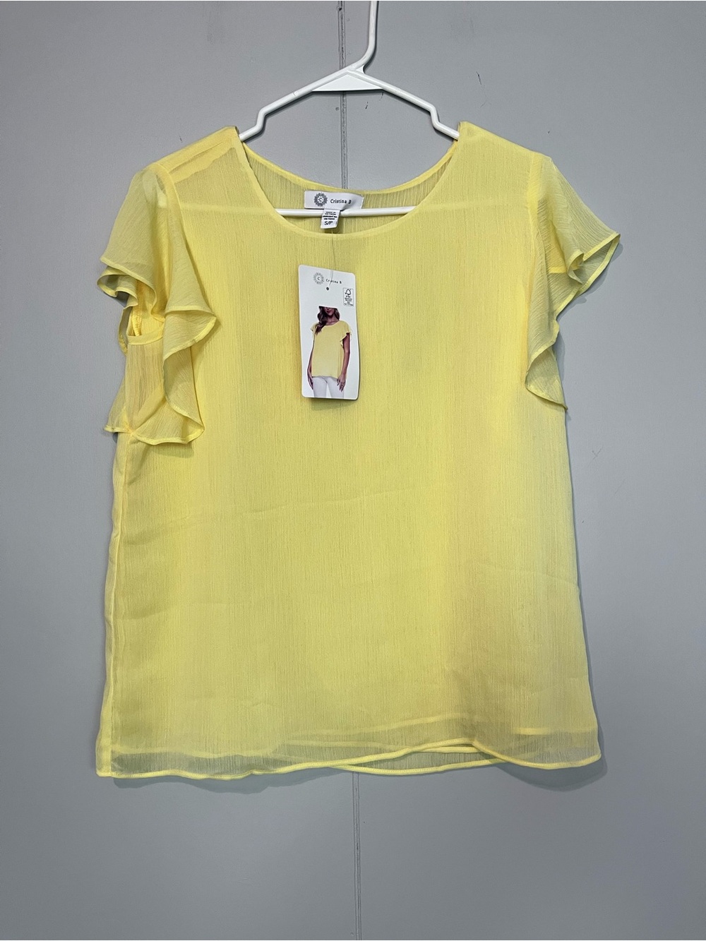 NWT Cristina B Yellow Flutter Sleeve Chiffon Blouse Size Small